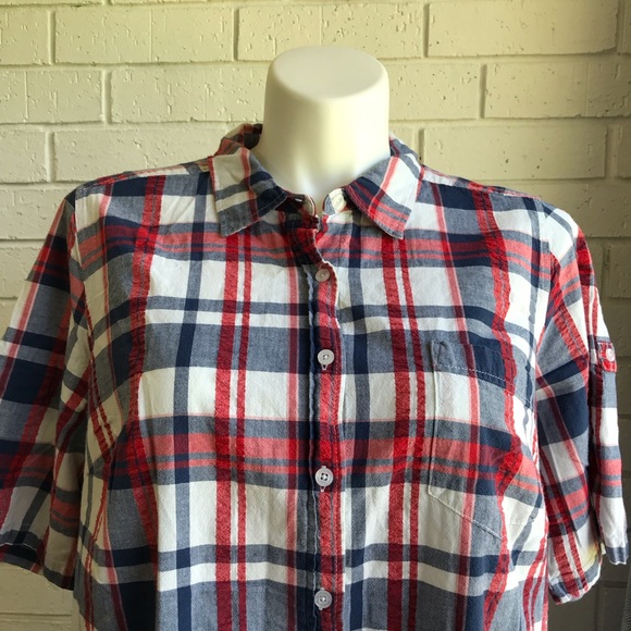 Cotton Shirt Button Down Roll Tab Short Sleeve Red White Blue Woman Within Sz 1X - Picture 4 of 10